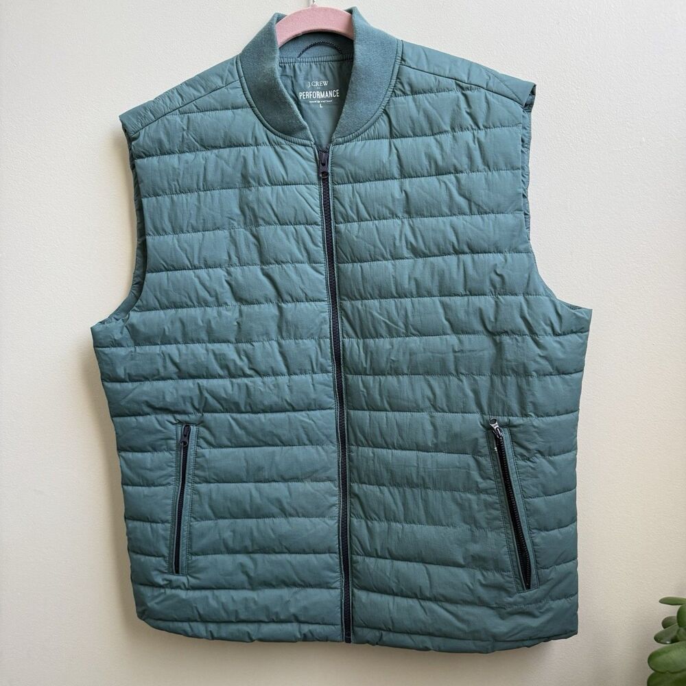 J. Crew Green Mens Performance Full Zip Quilted Puffer Vest Jacket Outdoors Sz M